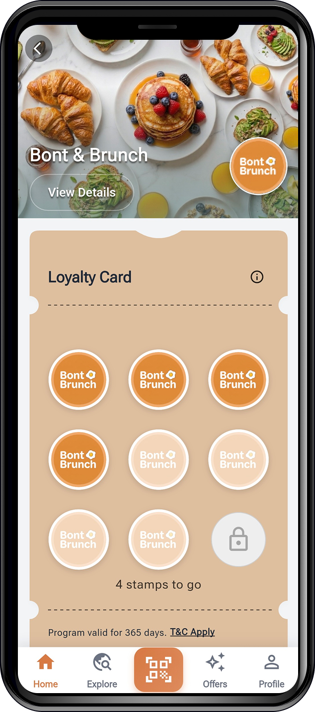 Digital stamp card showing Bont & Brunch loyalty program