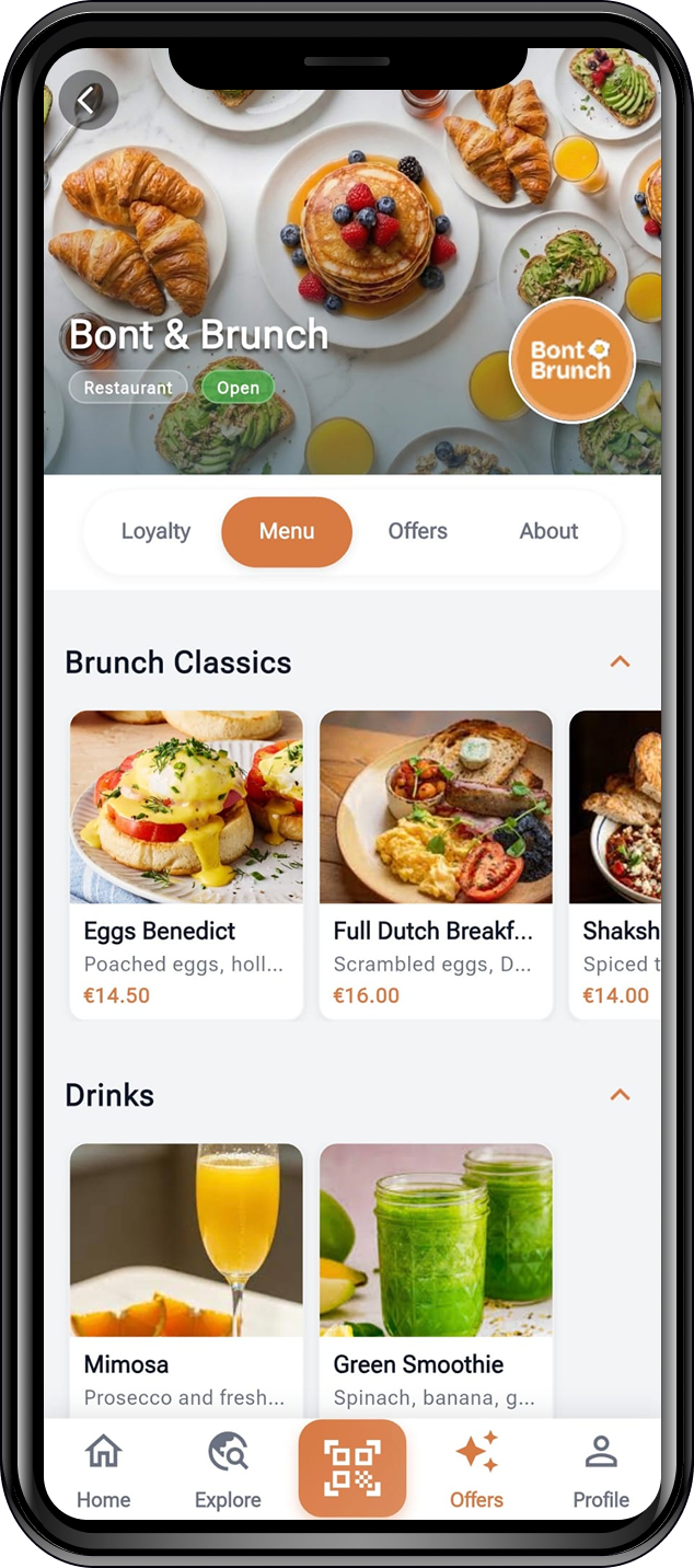 Merchant digital menu showing food items and prices