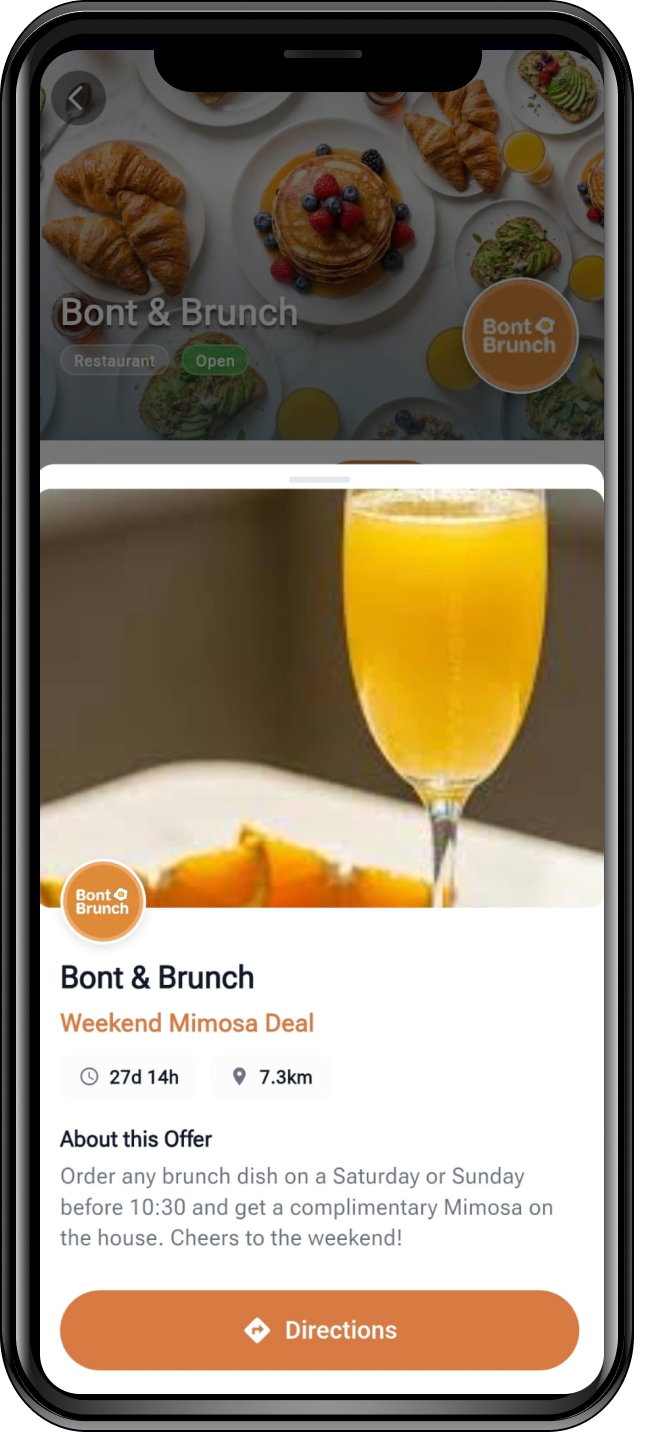 Merchant offer detail showing Weekend Mimosa Deal campaign